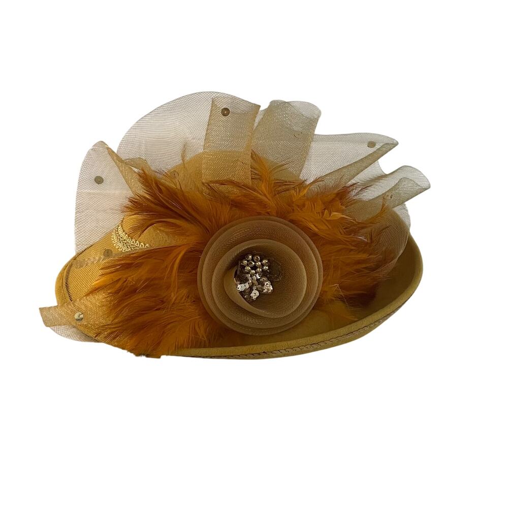 Vintage Deborah NY Mustard Yellow Wool Hat, Feathers, Beading, Church, Derby